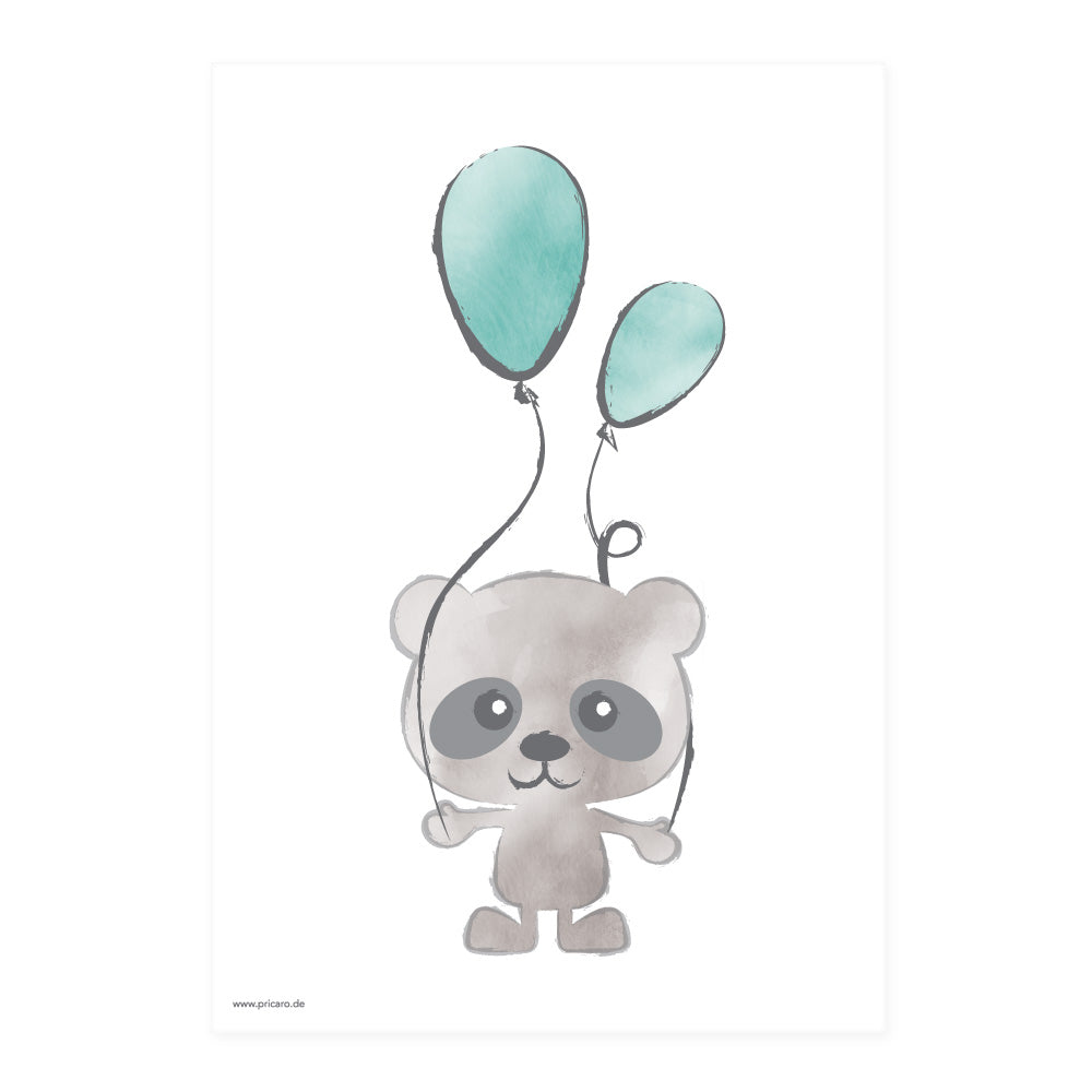 posterset "tierkinder", motiv panda mit luftballons auf weißem hintergrund