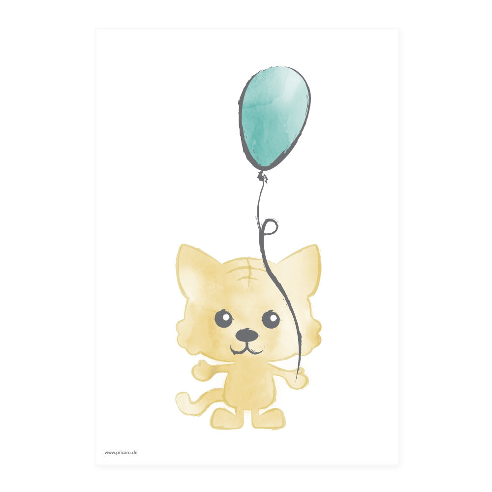 posterset "tierkinder", motiv tiger mit luftballon auf weißem hintergrund