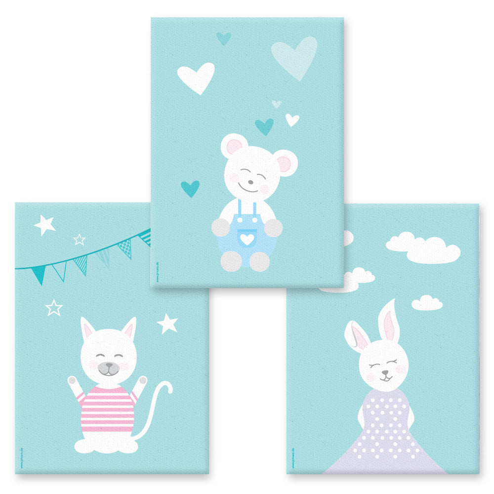 leinwand set "tier harmonie türkis" 3 verschiedene tiermotive auf türkisfarbenem hintergrund (katze, teddy, hase)