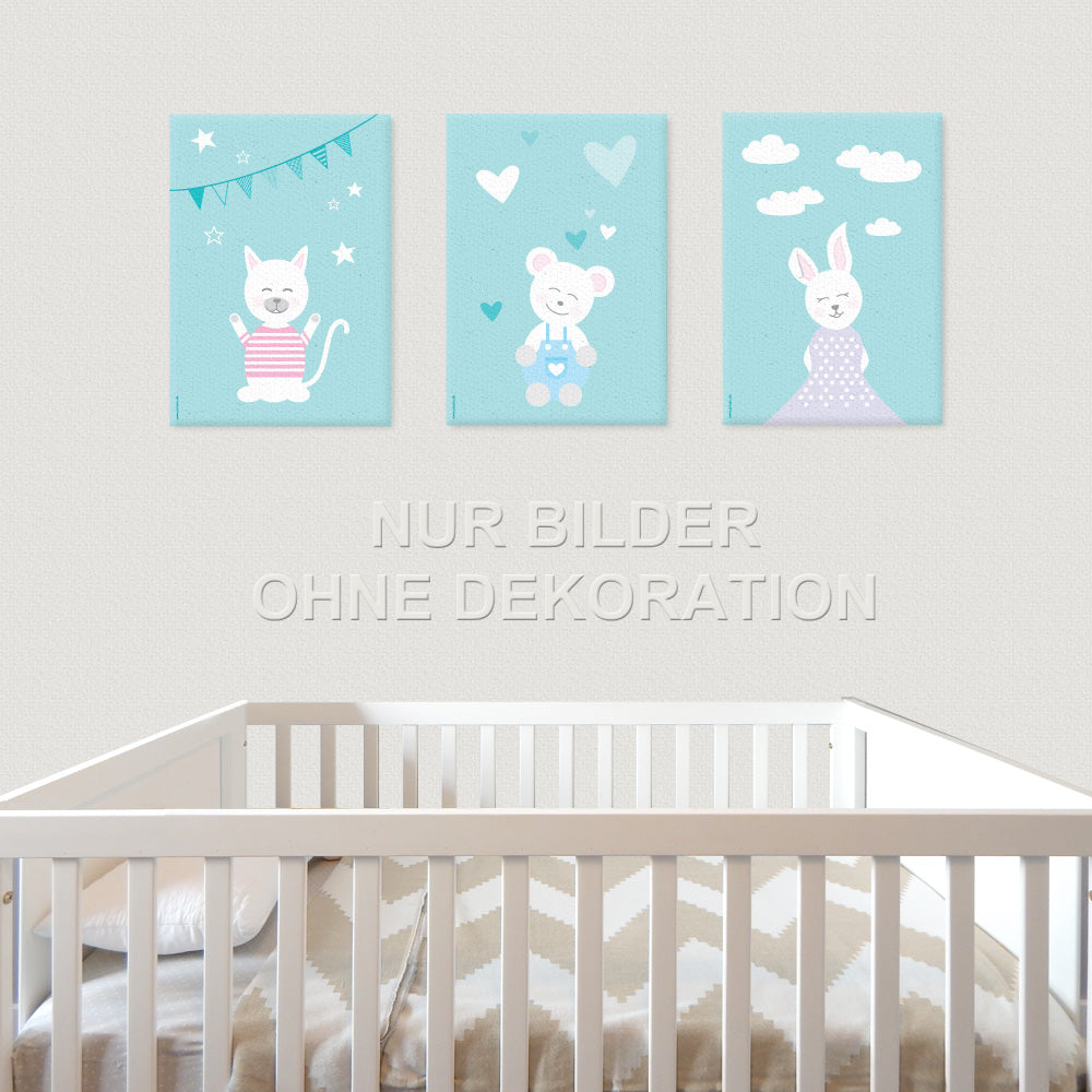 leinwand set "tier harmonie türkis" 3 verschiedene tiermotive auf türkisfarbenem hintergrund (katze, teddy, hase), in kinderzimmer auf grauer tapete