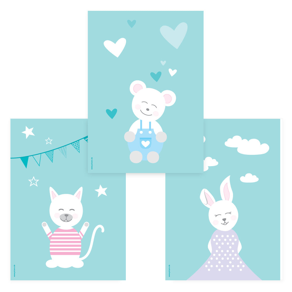 posterset "tier harmonie türkis" 3 verschiedene tiermotive auf türkisfarbenem hintergrund (katze, teddy, hase)
