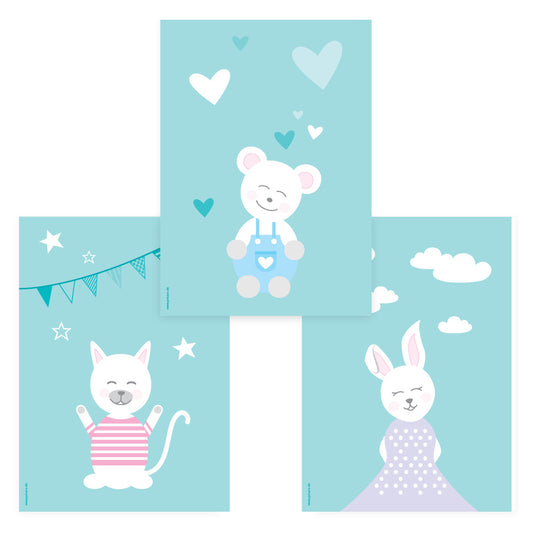 posterset "tier harmonie türkis" 3 verschiedene tiermotive auf türkisfarbenem hintergrund (katze, teddy, hase)