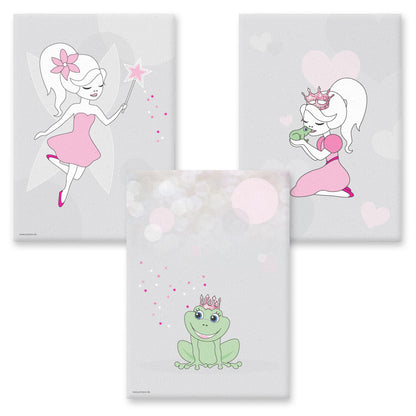 leinwand set "wunschfee" 3 verschiedenefeenmotive auf grauem hintergrund (fee mit zauberstab, prinzessin küsst frosch, froschkönig)