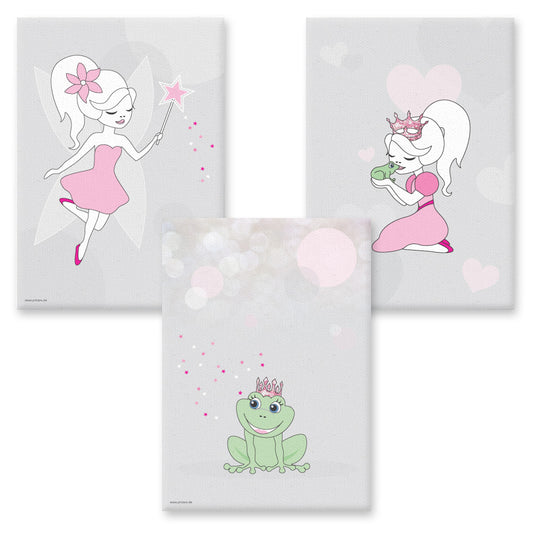 leinwand set "wunschfee" 3 verschiedenefeenmotive auf grauem hintergrund (fee mit zauberstab, prinzessin küsst frosch, froschkönig)