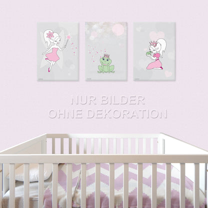 leinwand set "wunschfee" 3 verschiedenefeenmotive auf grauem hintergrund (fee mit zauberstab, prinzessin küsst frosch, froschkönig), in kinderzimmer auf rosa tapete