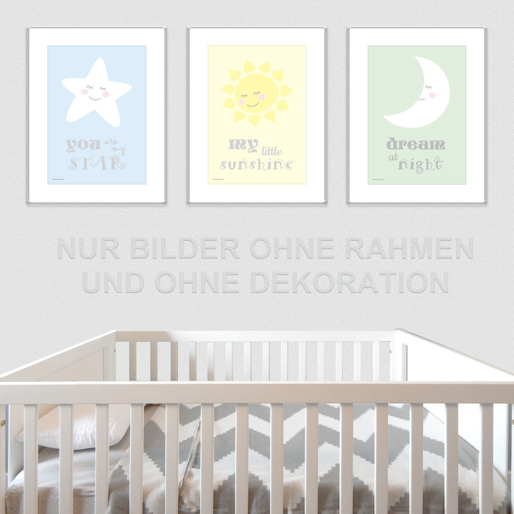 posterset "sonnemondstern", 3 verschiedene motive (stern, sonne, mond), in kinderzimmer auf grauer tapete