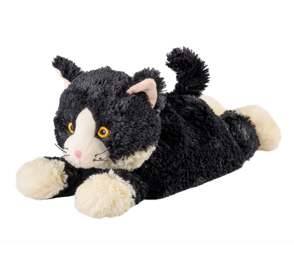 Warmies Katze, liegend, schwarz-weiß, mikrowellengeeignetes Wärmestofftier, das Wärme speichert und angenehm duftet
