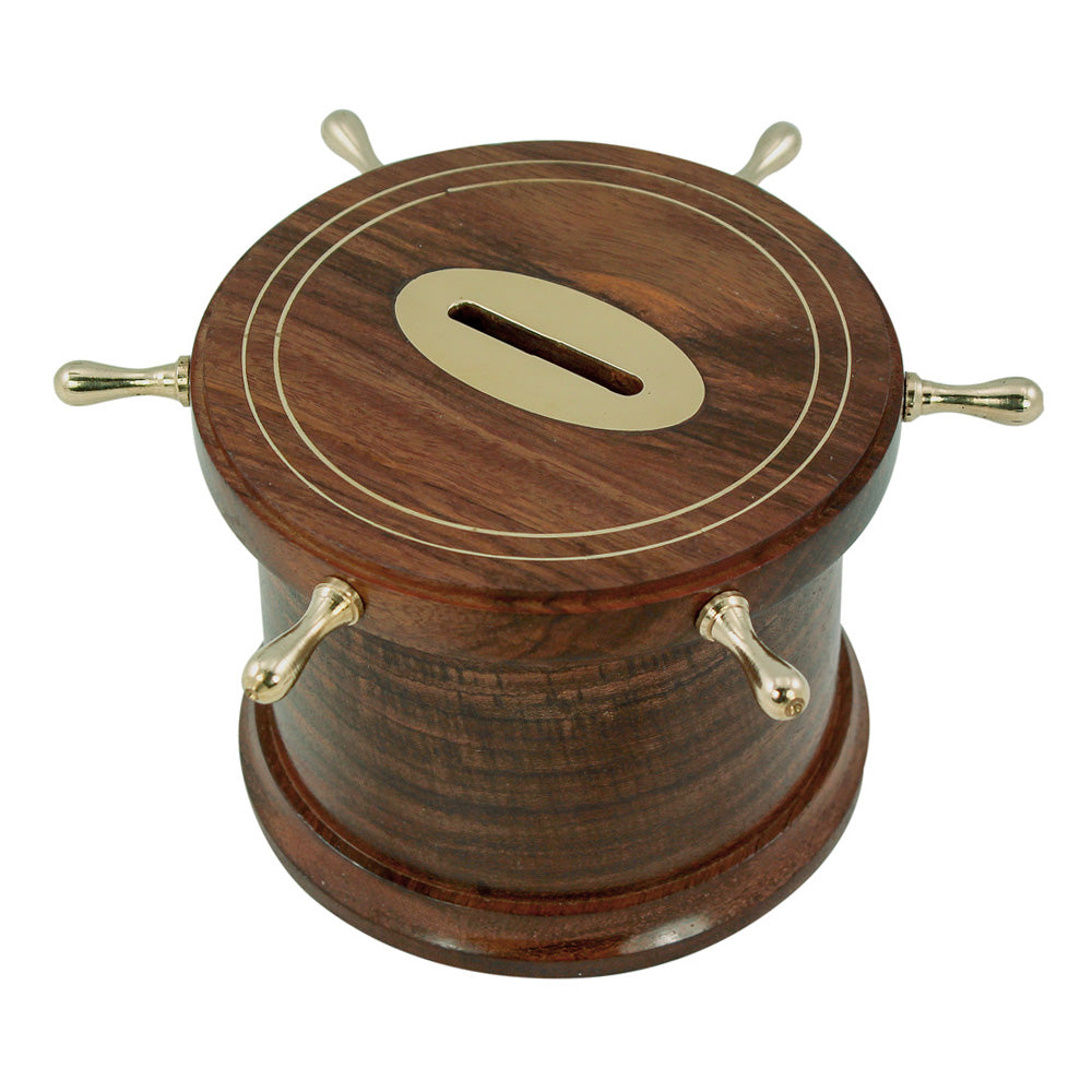 Spardose im Steuerrad Design aus Holz und Messing. Münzeinwurf oben, Intarsien, und Handelemente am Steuerrad bestehen aus Messing. 