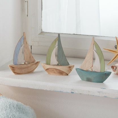 Segelboot Ahoi, 3er Set, maritime Deko aus Holz  in schönen Blau- und Grüntönen
