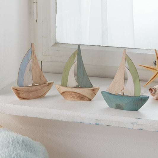 Segelboot Ahoi, 3er Set, maritime Deko aus Holz  in schönen Blau- und Grüntönen