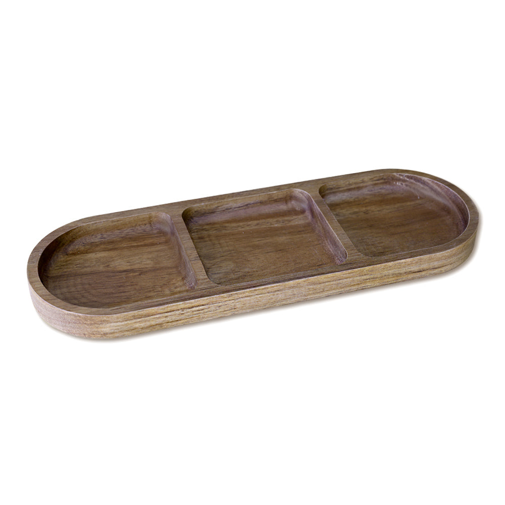 DECCARO Servierplatte Acacia, oval, längliche Form mit 3-facher Einteilung für Snacks, aus braunem Akazienholz. Zeitloses, elegantes Design. 