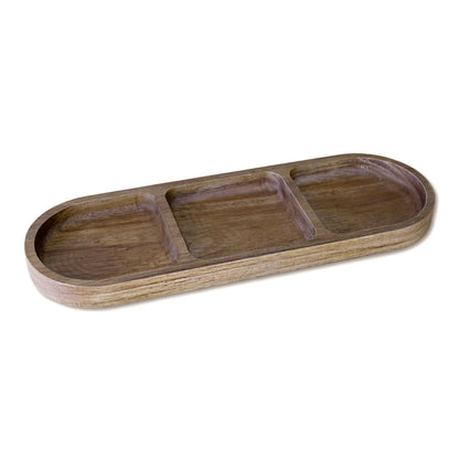 DECCARO Servierplatte Acacia, oval, längliche Form mit 3-facher Einteilung für Snacks, aus braunem Akazienholz. Zeitloses, elegantes Design. 