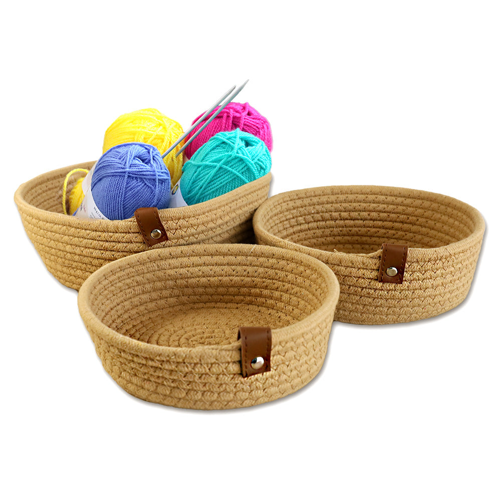 deccaro aufbewahrungskorb set, 3er set aus braunem baumwollseil mit brauner kunstleder dekolasche, 3 unterschiedliche größen