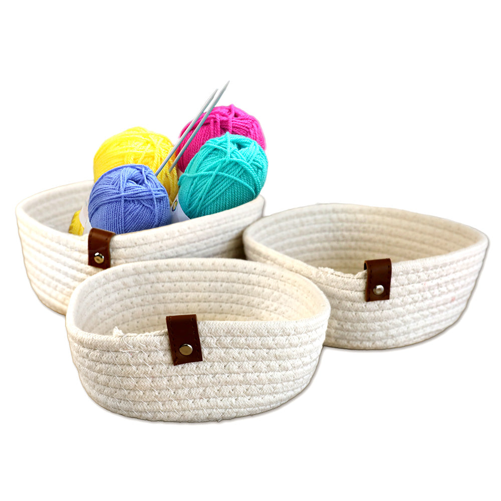 deccaro aufbewahrungskorb set, 3er set aus weißem baumwollseil mit brauner kunstleder dekolasche, 3 unterschiedliche größen