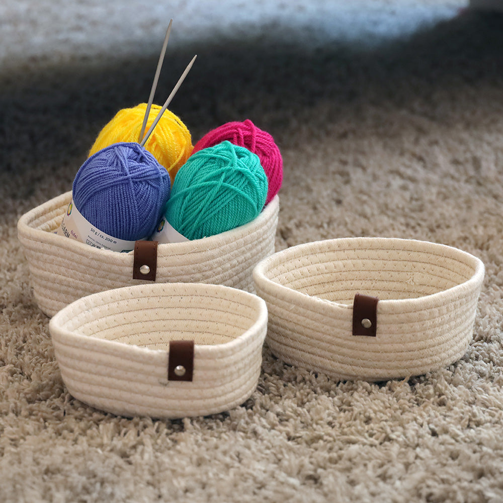 deccaro aufbewahrungskorb set, 3er set aus weißem baumwollseil mit brauner kunstleder dekolasche, 3 unterschiedliche größen