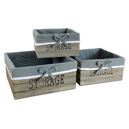 aufbewahrungskörbe aus braunem holz mit der aufschrift storage und mit grauer leinenstoffeinlage. 3er set in drei unterschiedlichen größen, rechteckig ohne deckel