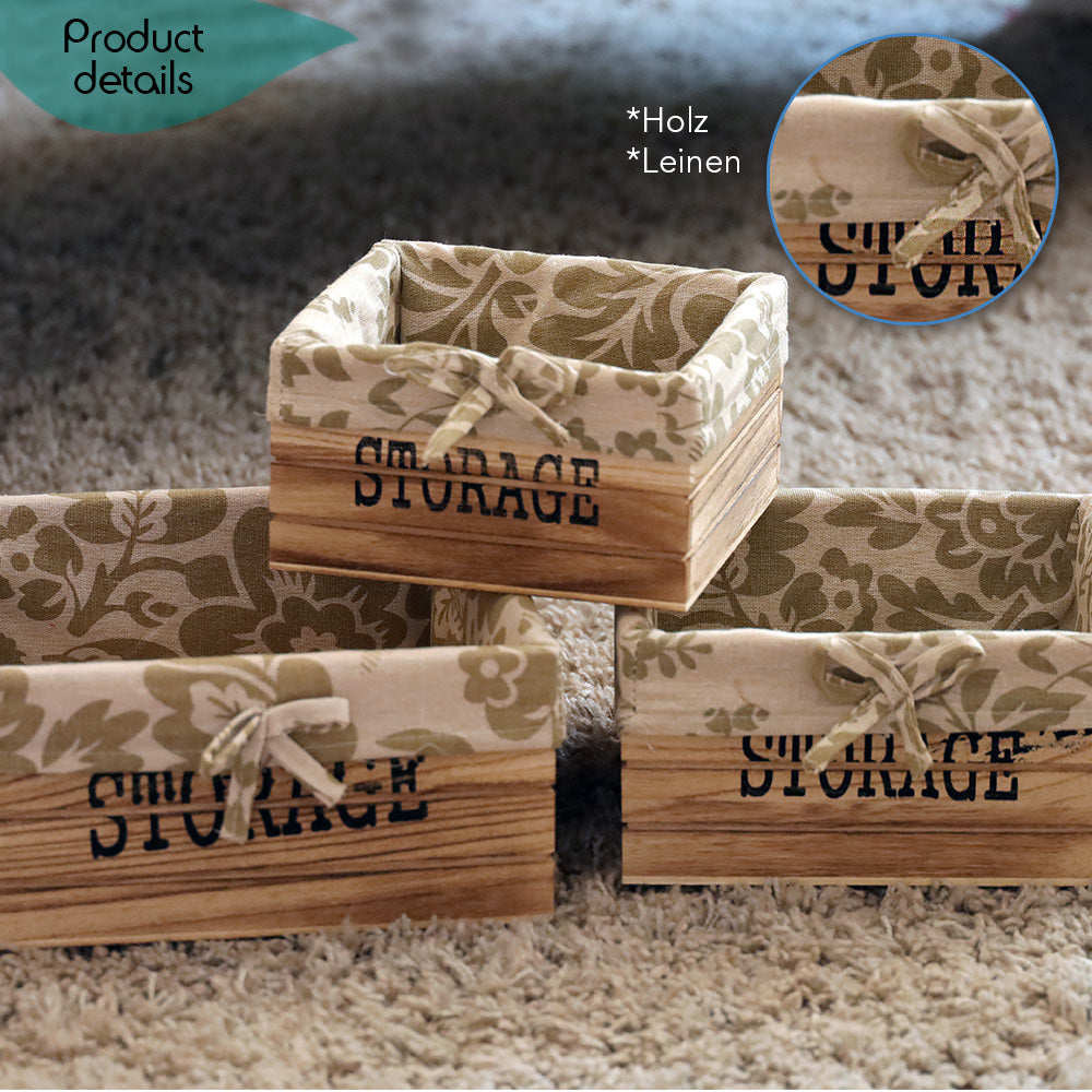 aufbewahrungskörbe aus braunem holz mit der aufschrift storage und mit beige gemusterter leinenstoffeinlage. 3er set in drei unterschiedlichen größen, rechteckig ohne deckel
