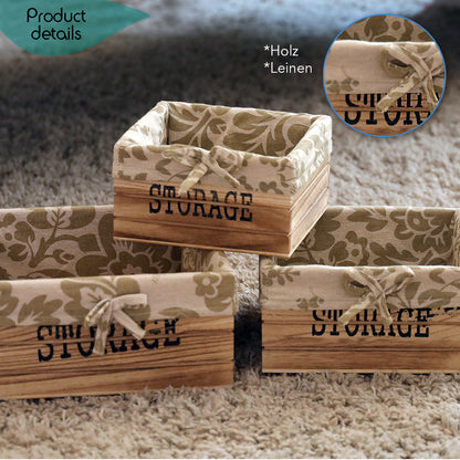aufbewahrungskörbe aus braunem holz mit der aufschrift storage und mit beige gemusterter leinenstoffeinlage. 3er set in drei unterschiedlichen größen, rechteckig ohne deckel