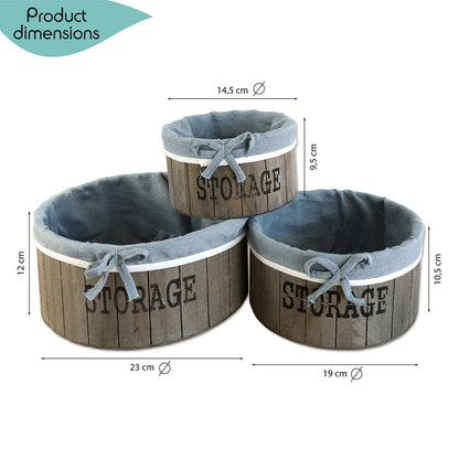 aufbewahrungskörbe aus braunem holz mit der aufschrift storage und mit grauer leinenstoffeinlage. 3er set in drei unterschiedlichen größen, rund ohne deckel