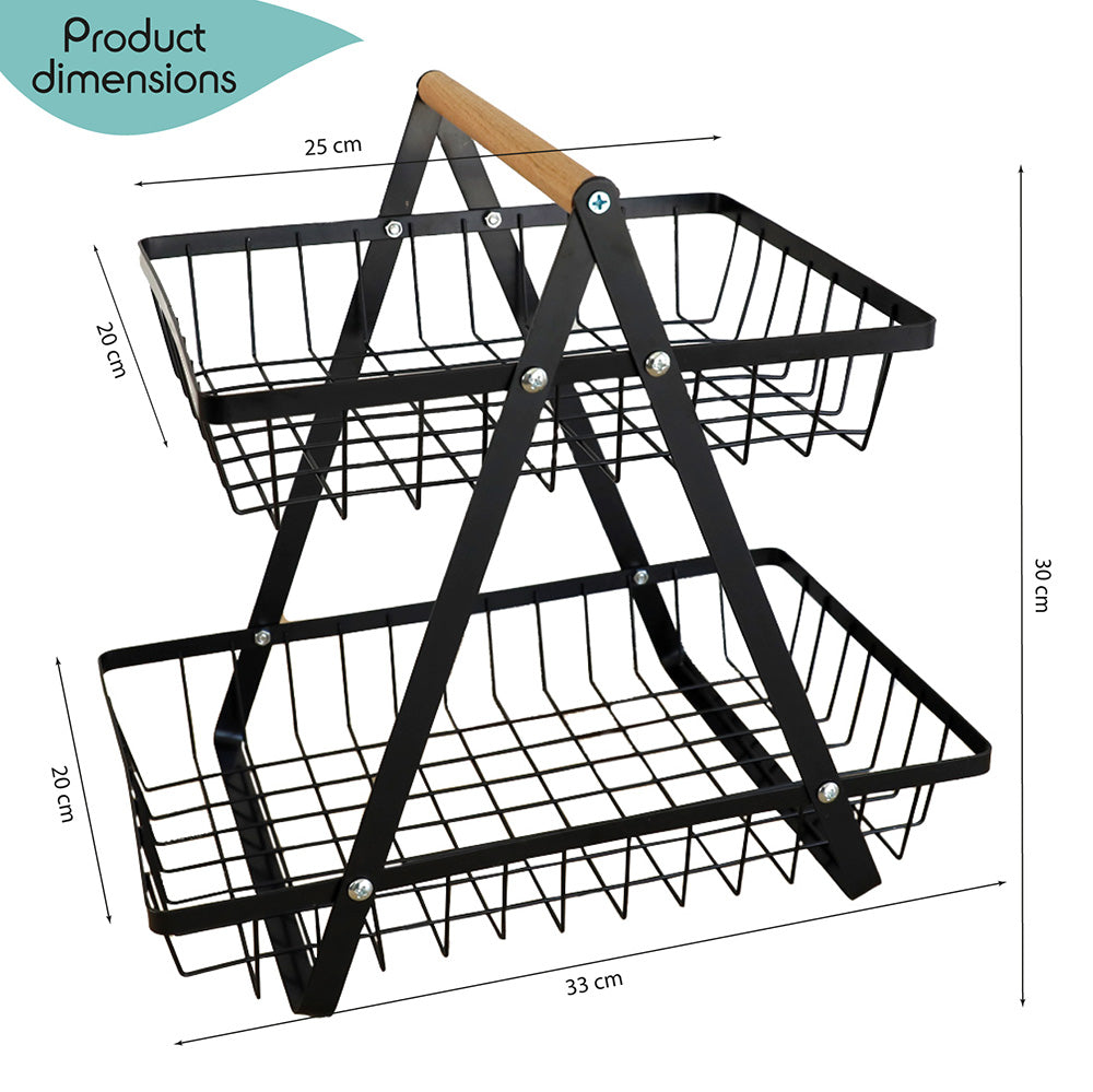 DECCARO Obstkorb/Etagere aus Metall, 2-stöckig, schwarz. Dreieckige Form mit zwei Metallgitter Etagen die unterschiedlich lang sind und hellem Holzgriff am oberen, eckigen Ende.