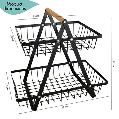 DECCARO Obstkorb/Etagere aus Metall, 2-stöckig, schwarz. Dreieckige Form mit zwei Metallgitter Etagen die unterschiedlich lang sind und hellem Holzgriff am oberen, eckigen Ende.