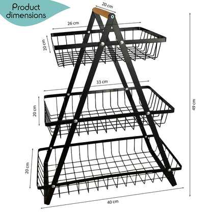 DECCARO Obstkorb/Etagere aus Metall, 3-stöckig, schwarz. Dreieckige Form mit drei Metallgitter Etagen die unterschiedlich lang sind und hellem Holzgriff am oberen, eckigen Ende.