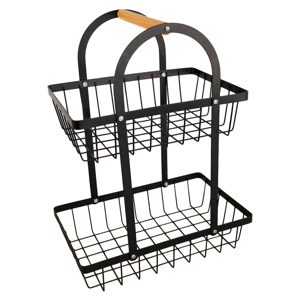 DECCARO Obstkorb/Etagere aus Metall, 2-stöckig, schwarz. Form Halbrund mit zwei Metallgitter Etagen und hellem Holzgriff am oberen, runden Ende.