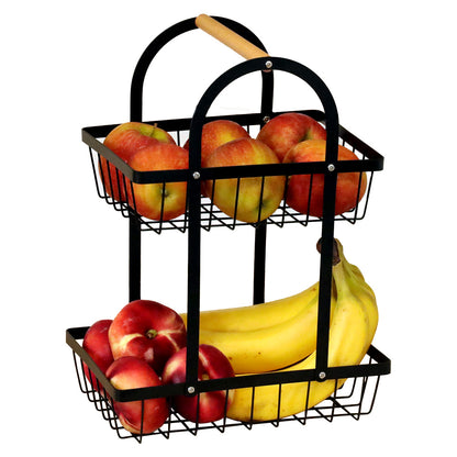 DECCARO Obstkorb/Etagere aus Metall, 2-stöckig, schwarz. Form Halbrund mit zwei Metallgitter Etagen und hellem Holzgriff am oberen, runden Ende.