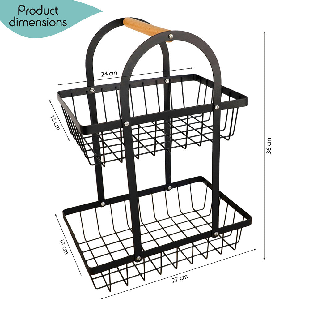 DECCARO Obstkorb/Etagere aus Metall, 2-stöckig, schwarz. Form Halbrund mit zwei Metallgitter Etagen und hellem Holzgriff am oberen, runden Ende.
