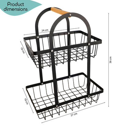 DECCARO Obstkorb/Etagere aus Metall, 2-stöckig, schwarz. Form Halbrund mit zwei Metallgitter Etagen und hellem Holzgriff am oberen, runden Ende.
