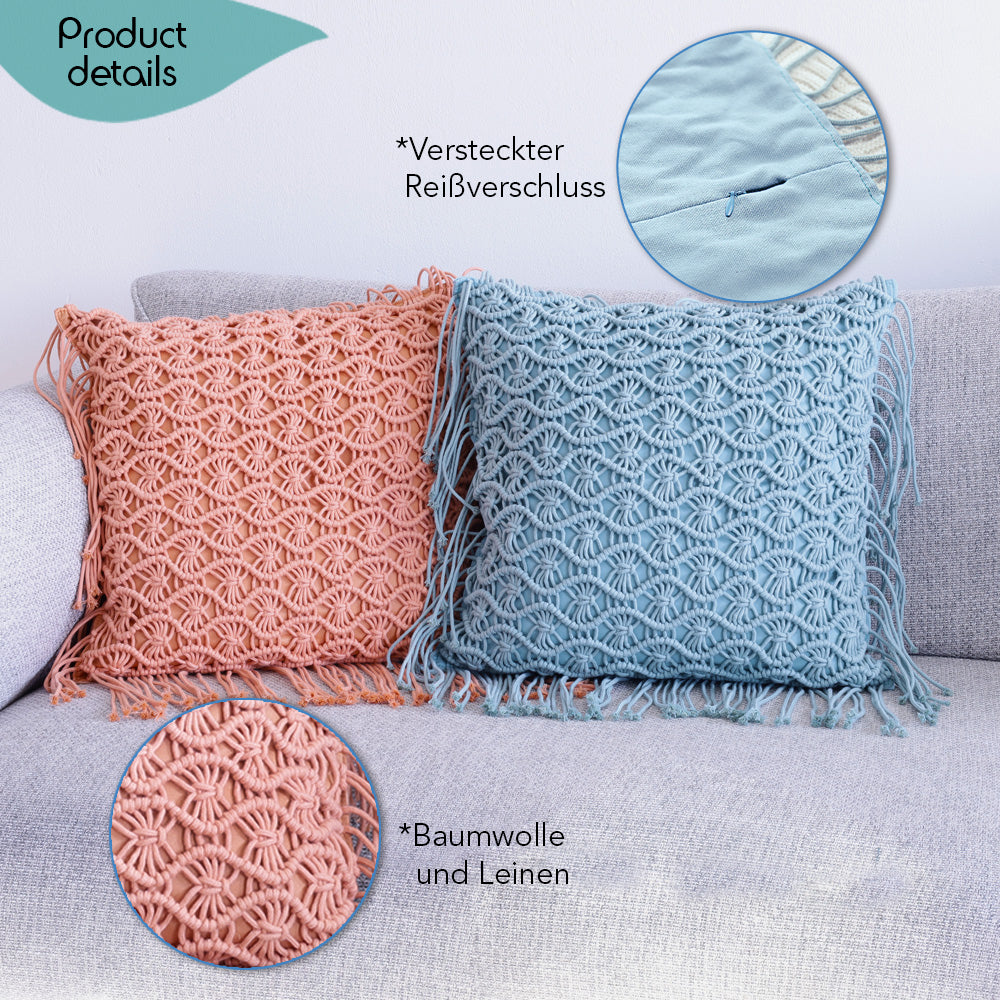 DECCARO Makramee Kissenhülle Waves, 45 x 45 cm quadratisch, handgeknüpft mit Fransen auf der Vorderseite, orange und blau