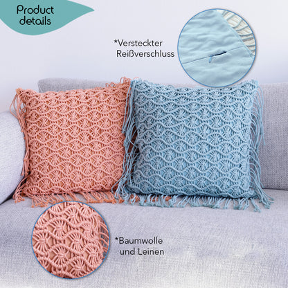 DECCARO Makramee Kissenhülle Waves, 45 x 45 cm quadratisch, handgeknüpft mit Fransen auf der Vorderseite, orange und blau