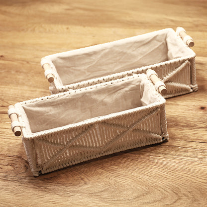 DECCARO Aufbewahrungskorb-Set, 2-teilig in zwei unterschiedlichen Größen. Körbe aus cremefarbenem Baumwollgeflecht im geometrischen Design mit zwei an der kurzen Seite angebrachten stabilen Holzgriffen und herausnehmbaren cremefarbenem Stoffseinsatz