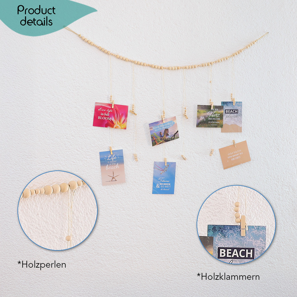 DECCARO Fotoaufhänger Cord, Fotoaufhänger aus einer hellen horizontalen Baumwollschnur auf die hellen Holzperlen aufgereiht sind. An dieser Schnur sind sechs vertikal ausgerichtete Baumwollschnüre mit Holzperlen und kleinen Holzklammern befestigt, an den Fotos und Postkarten aufgehangen werden können. 