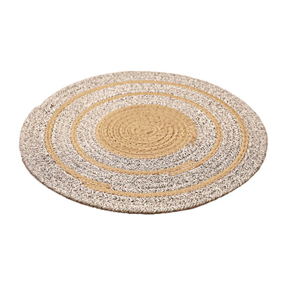 DECCARO Platzset Circle, 2er Set, rund aus geflochtener Baumwolle, mit kreisförmigen Mustern in grau-ocker-weiß.