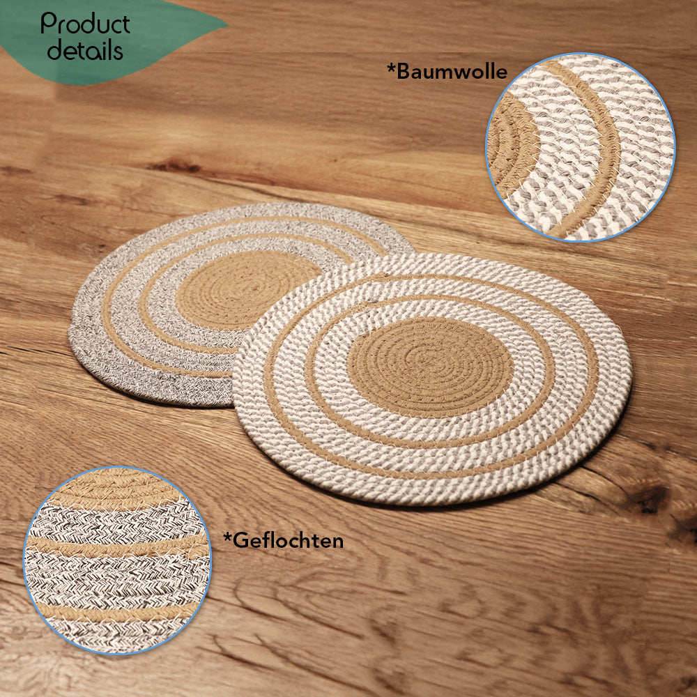 DECCARO Platzset Circle, 2er Set, rund aus geflochtener Baumwolle, mit kreisförmigen Mustern in grau-ocker-weiß.