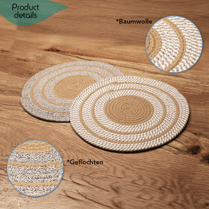 DECCARO Platzset Circle, 2er Set, rund aus geflochtener Baumwolle, mit kreisförmigen Mustern in grau-ocker-weiß.
