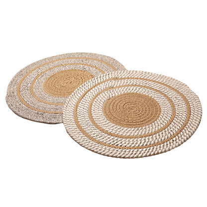 DECCARO Platzset Circle, 2er Set, rund aus geflochtener Baumwolle, mit kreisförmigen Mustern in grau-ocker-weiß.
