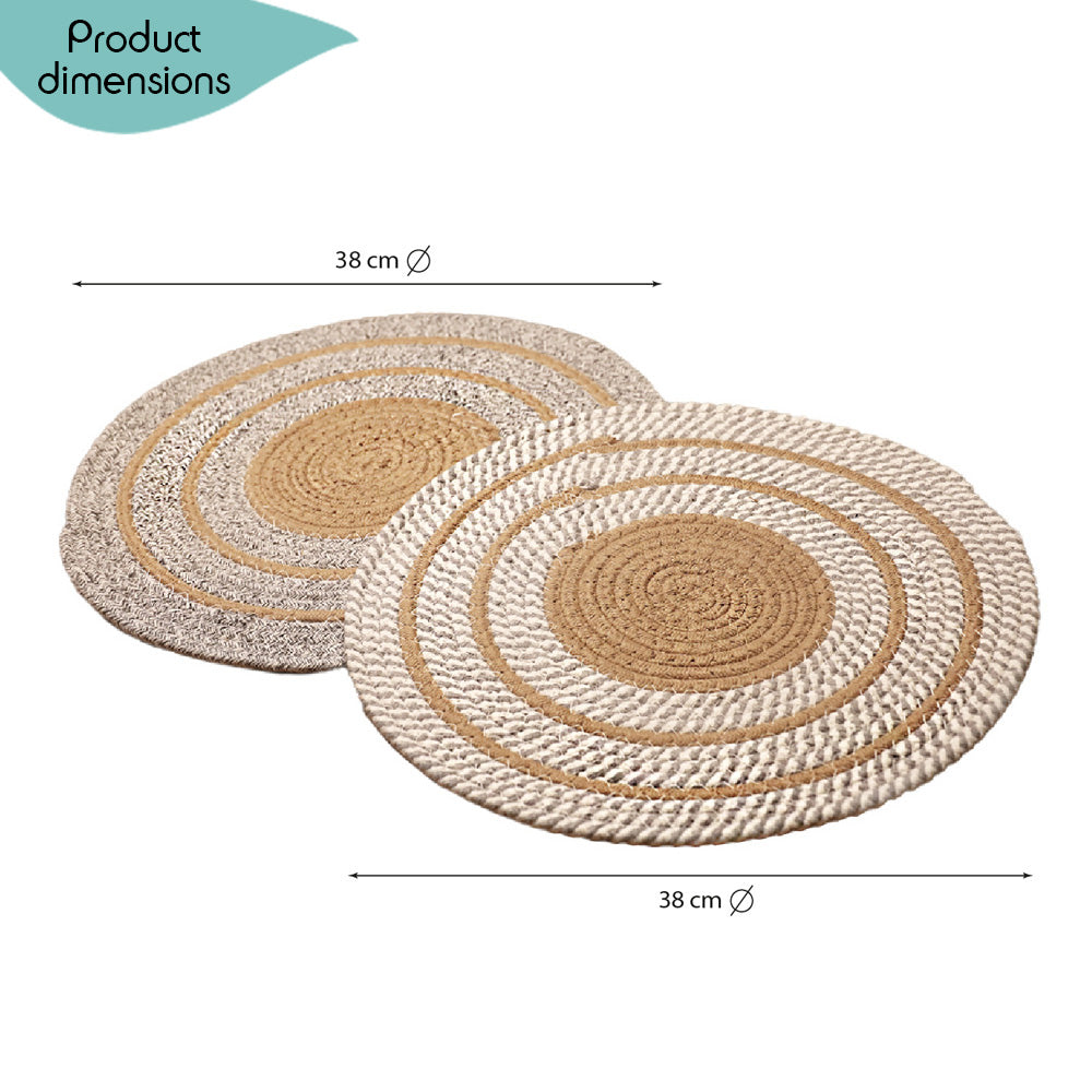 DECCARO Platzset Circle, 2er Set, rund aus geflochtener Baumwolle, mit kreisförmigen Mustern in grau-ocker-weiß.