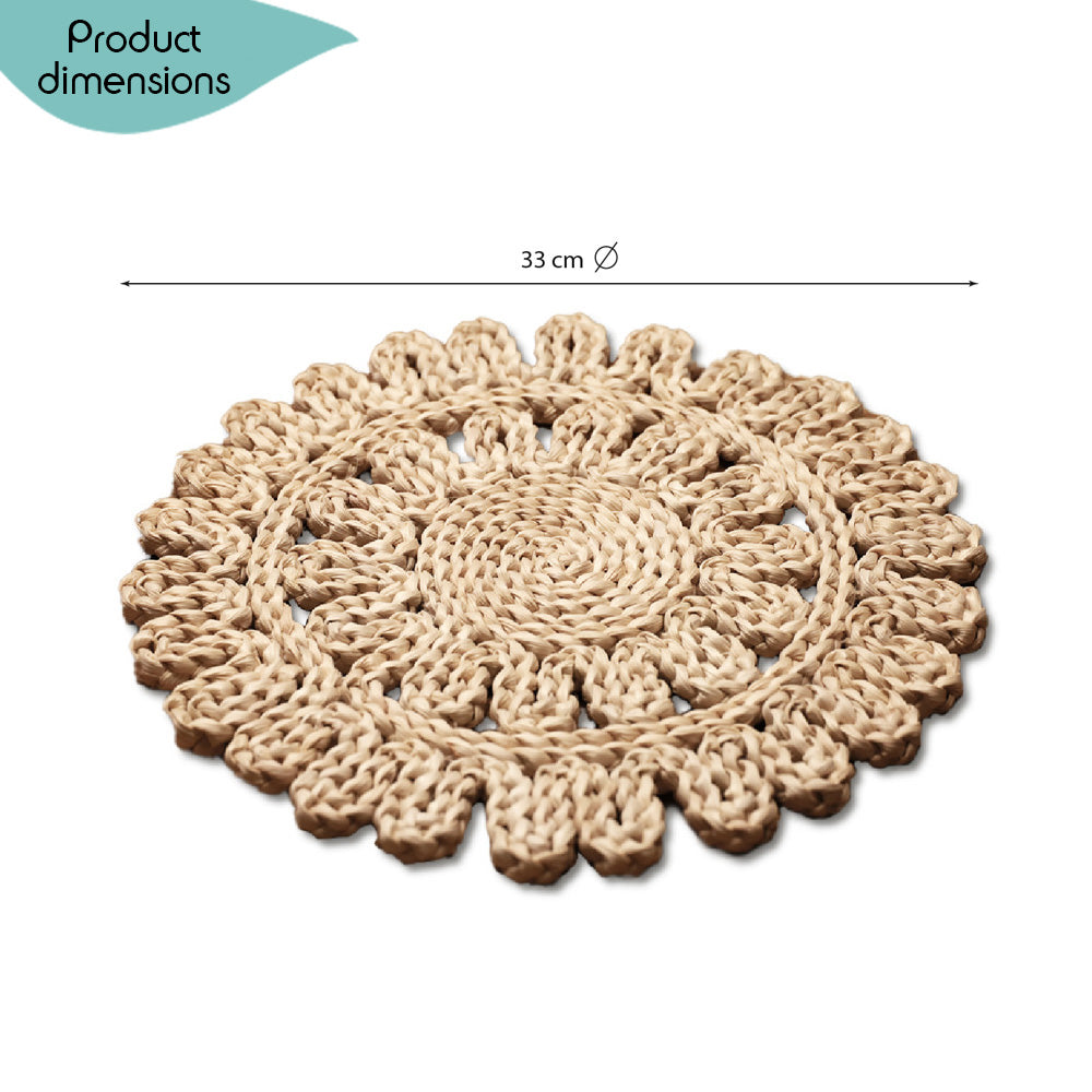 DECCARO Tischset Straw, mittel (33 cm Durchmesser) aus Rohrkolben (Naturmaterial). Handgearbeitetes, florales Muster, warmer Beigeton