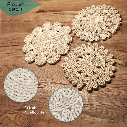 DECCARO Tischset Straw, 3er Set mit allen drei Größen (klein, mittel, groß) aus Rohrkolben (Naturmaterial). Handgearbeitetes, florales Muster, warmer Beigeton