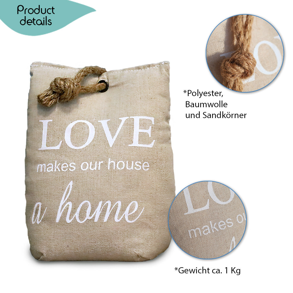 DECCARO Türstopper „Love“ in Sandsack-Optik, beige mit weißem Schriftzug "love makes our house a home". Schwerer, gefüllter Kern, Juteschnur am oberen Ende