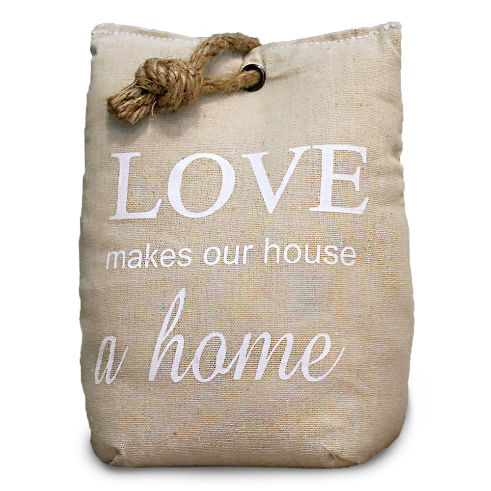 DECCARO Türstopper „Love“ in Sandsack-Optik, beige mit weißem Schriftzug "love makes our house a home". Schwerer, gefüllter Kern, Juteschnur am oberen Ende