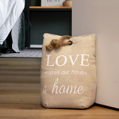 DECCARO Türstopper „Love“ in Sandsack-Optik, beige mit weißem Schriftzug "love makes our house a home". Schwerer, gefüllter Kern, Juteschnur am oberen Ende