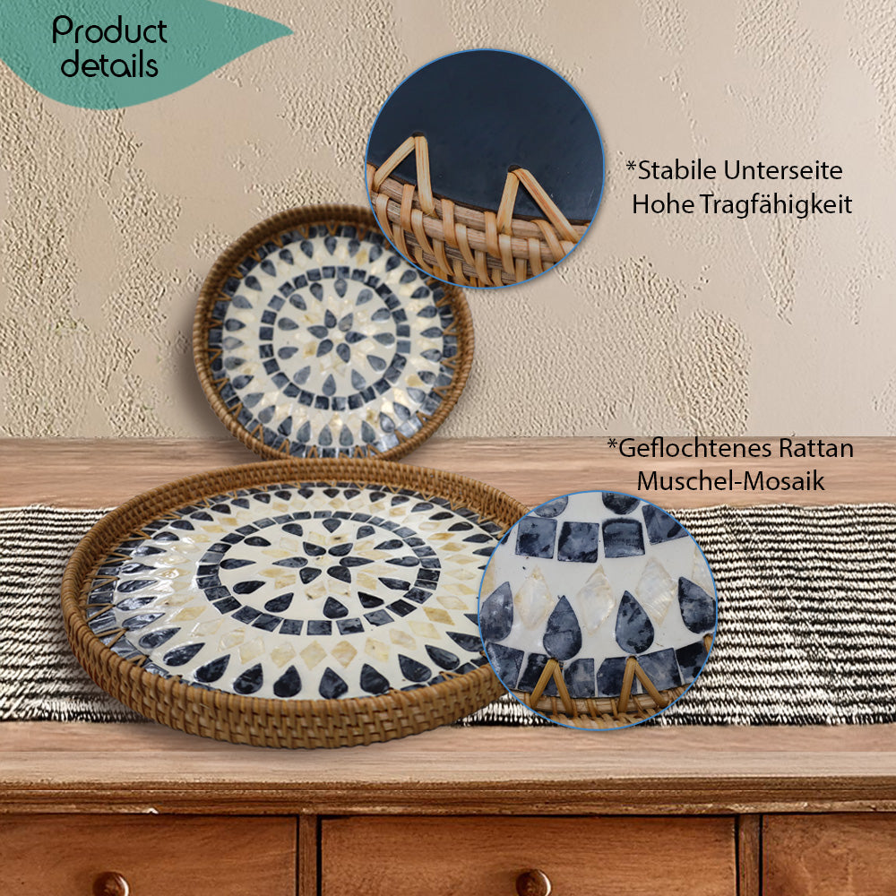 DECCARO Serviertablett Perlmutt, 2er Set mit zwei unterschiedlichen Größen. Aus geflochtenem Rattan und kunstvollem Muschelmosaik im Inneren der Tabletts in den Farben Weiß / Blau. 