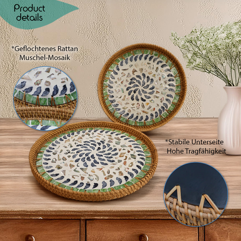 DECCARO Serviertablett Perlmutt, 2er Set mit zwei unterschiedlichen Größen. Aus geflochtenem Rattan und kunstvollem Muschelmosaik im Inneren der Tabletts in den Farben Grün / Weiß / Blau. 