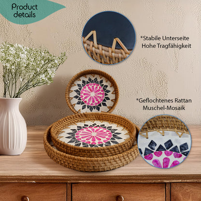 DECCARO Serviertablett Perlmutt, 3er Set mit drei unterschiedlichen Größen. Aus geflochtenem Rattan und kunstvollem Muschelmosaik im Inneren der Tabletts in den Farben Pink/Blau/Weiß. 