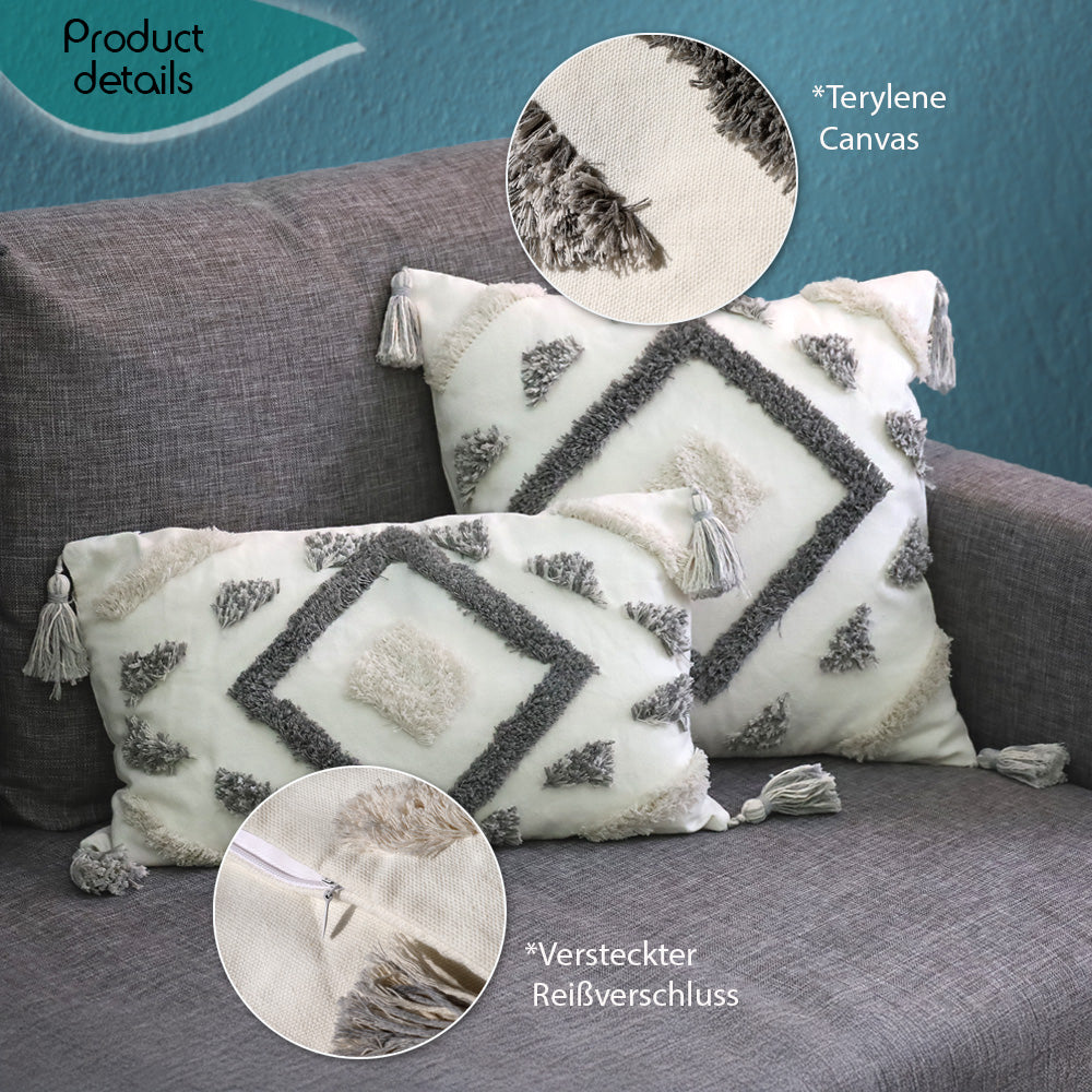 DECCARO Kissenhülle Hygge Diamond in weiß-grau im Boho-Style, Materialkombination aus natürlicher Textur und flauschigen Elementen sowie Dekopaspeln an den vier Ecken des Bezugs. 1 Größe 30 x 50 cm, und 1x Größe 45 x 45 cm
