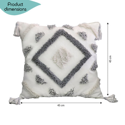 DECCARO Kissenhülle Hygge Diamond in weiß-grau im Boho-Style, Materialkombination aus natürlicher Textur und flauschigen Elementen sowie Dekopaspeln an den vier Ecken des Bezugs. 1 Stück, Größe 45 x 45 cm, quadratisch