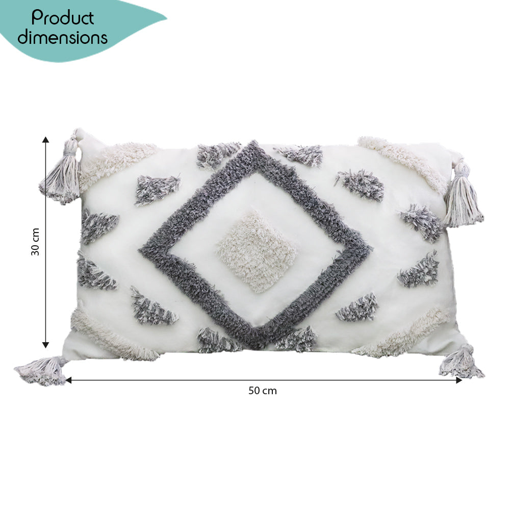 DECCARO Kissenhülle Hygge Diamond in weiß-grau im Boho-Style, Materialkombination aus natürlicher Textur und flauschigen Elementen sowie Dekopaspeln an den vier Ecken des Bezugs. 1 Stück, Größe 30 x 50 cm, rechteckig